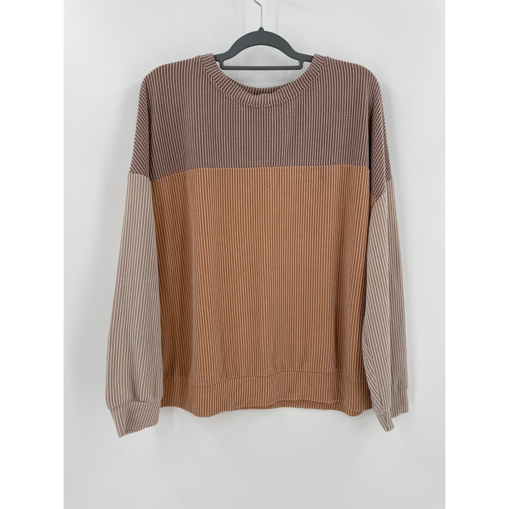 Dokotoo Color Block Rib Knit Top Womens XL Taupe Camel Cream Long Sleeve